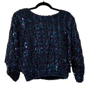 VTG Three Flaggs made in USA women’s sz M blue purple sequin holiday cropped top